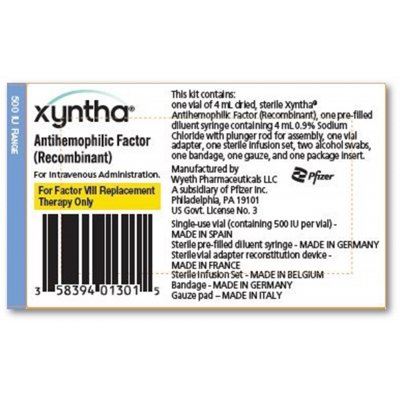 XYNTHA 500 IU ( ANTIHEMOPHILIC FACTOR VIII RECOMBINANT REPLACEMENT THERAPY ) FOR IV ADMINISTRATION 4 ML LYOPHILIZED POWDER VIAL + 4 ML PREFILLED DILUENT SYRINGE